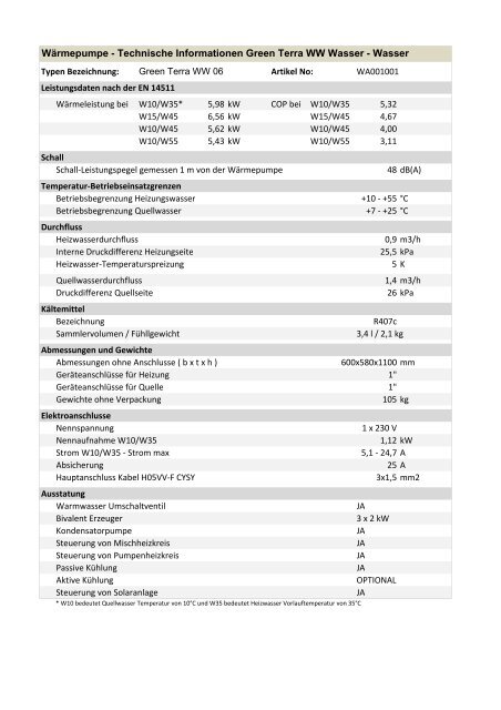 Wärmepumpe - Technische Informationen Green ... - bei Green Terra