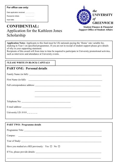 Application for the Kathleen Jones Scholarship - University of ...