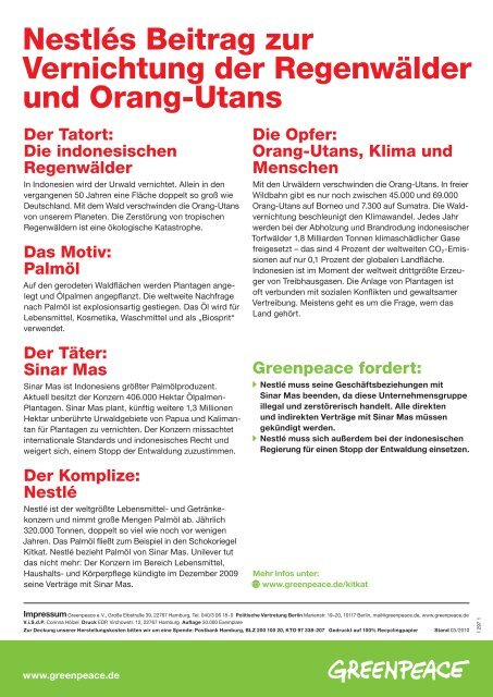 Flyer: Nestlé und Urwaldzerstörung durch Palmöl - Greenpeace