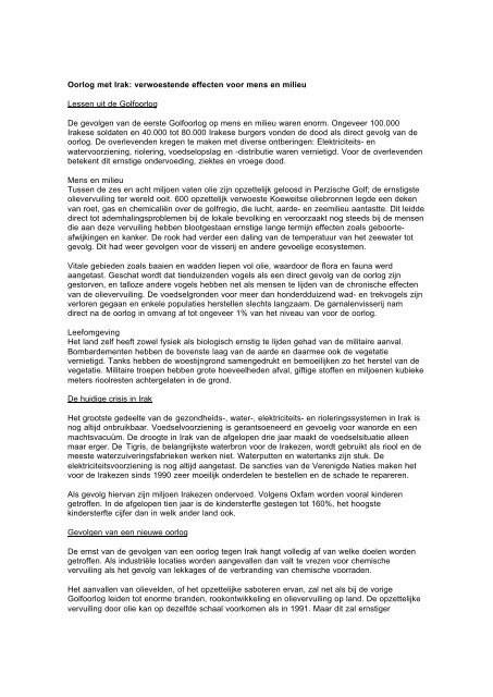 Oorlog met Irak: verwoestende effecten voor mens en milieu Lessen ...