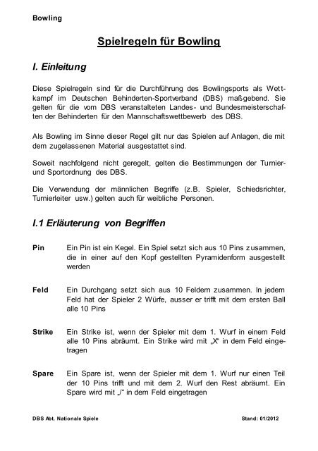 Spielregeln für Bowling - Behinderten Sportverband Niedersachsen
