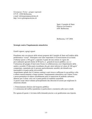 Lettera al Consiglio di Stato (2004) - Greenpeace Ticino