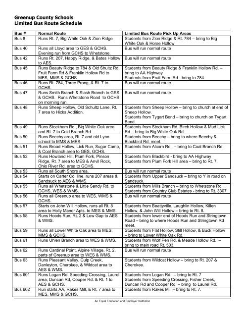 Greenup County Schools Limited Bus Route Schedule