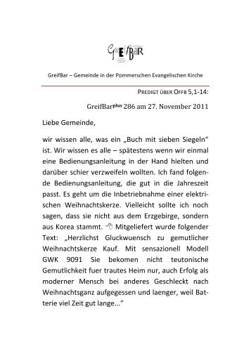 Predigt GreifBar plus 286 am 27. November 2011 über Offb 5,1-14
