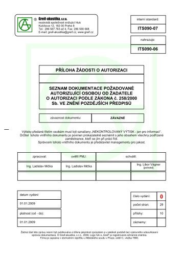 ITS090-07 Autorizace - seznam dokumentace - Greif-akustika sro