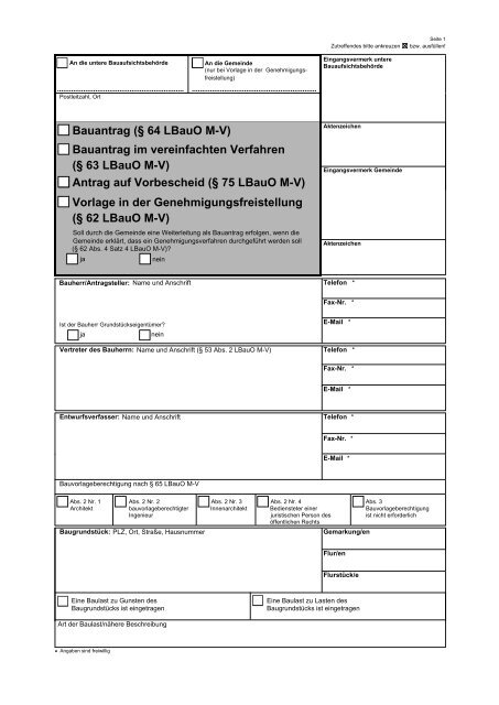 Bauantrag (§ 64 LBauO M-V) Bauantrag im vereinfachten Verfahren ...
