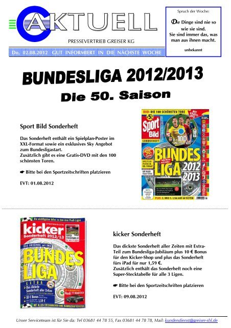 Sport Bild Sonderheft kicker Sonderheft - Pressevertrieb Greiser KG