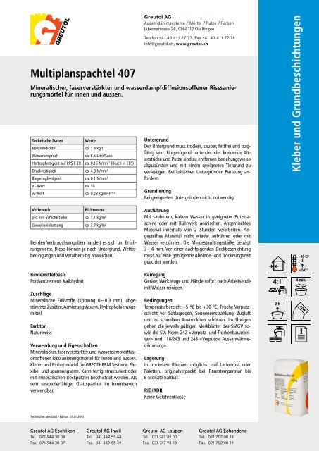 Kleber und Grundbeschichtungen Multiplanspachtel 407 - Greutol AG