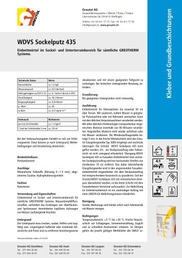 Kleber und Grundbeschichtungen WDVS Sockelputz 435 - Greutol AG