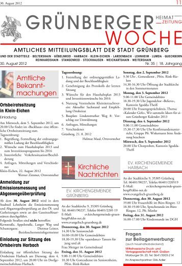 Grünberger Woche vom 30. August 2012 - der Stadt Grünberg