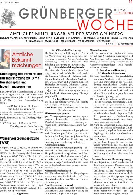 Grünberger Woche vom 20. Dezember 2012 - der Stadt Grünberg