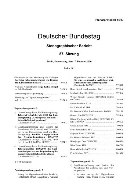 Stenographischer Bericht 87. Sitzung - Deutscher Bundestag