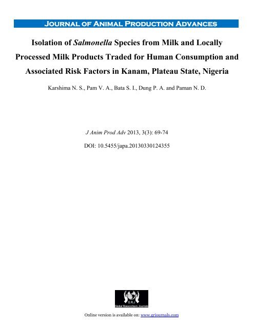 Isolation of Salmonella Species from Milk and Locally ... - Grjournals