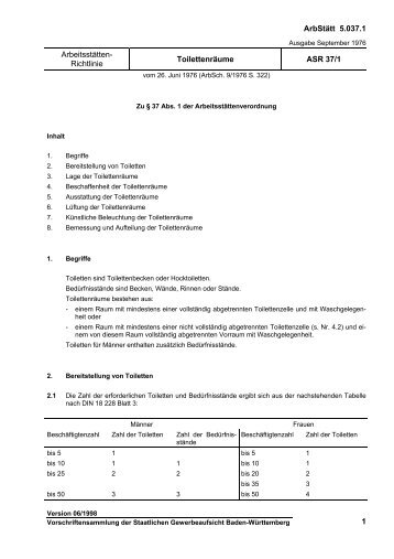 Arbeitsstätten-Richtlinie - Toilettenräume - ASR 37/1