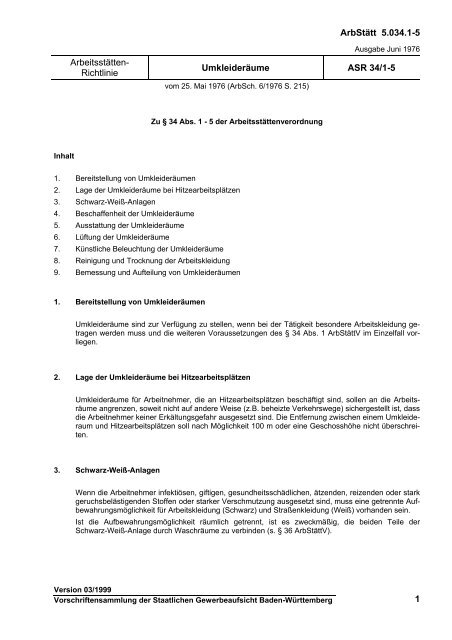 Arbeitsstätten-Richtlinie - Umkleideräume - ASR 34/1-5