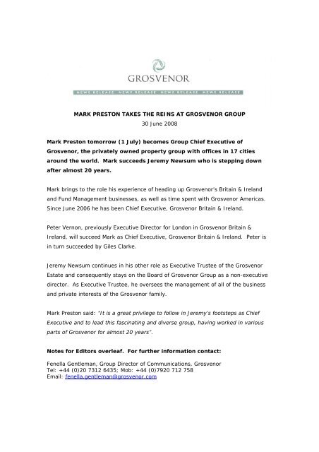 MARK PRESTON TAKES THE REINS AT GROSVENOR GROUP 30 ...