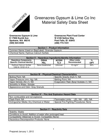 Greenacres Gypsum & Lime Co Inc Material Safety Data Sheet