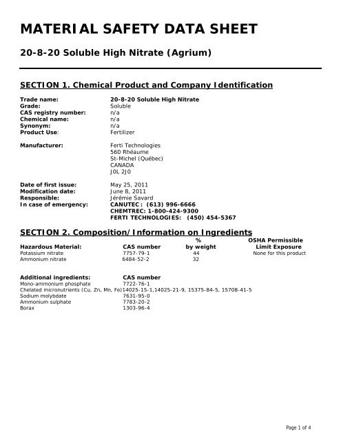 20-8-20 High Nitrate soluble Agrium EN MSDS ANSI