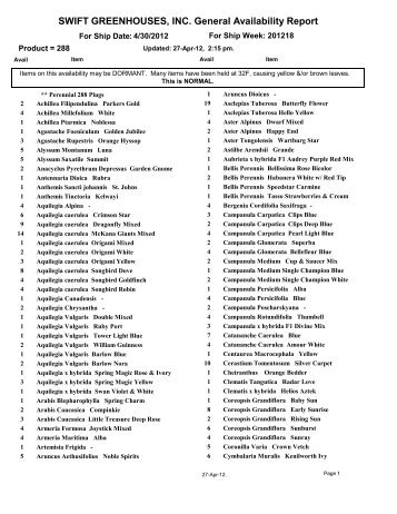 SWIFT GREENHOUSES, INC. General Availability ... - Growing Colors