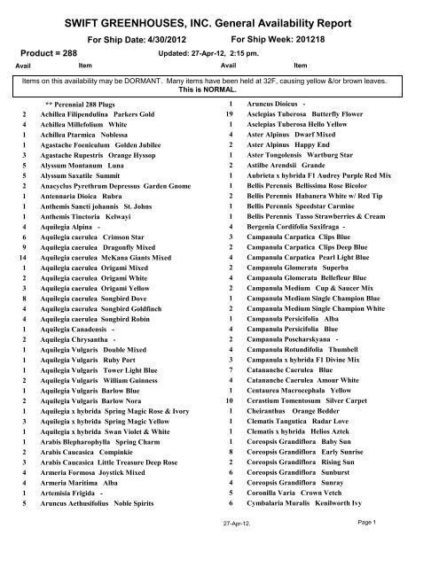 SWIFT GREENHOUSES, INC. General Availability ... - Growing Colors