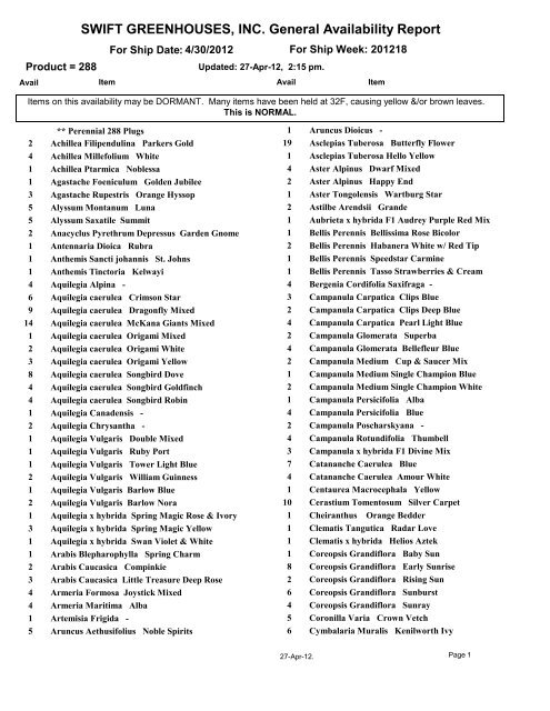 SWIFT GREENHOUSES, INC. General Availability ... - Growing Colors