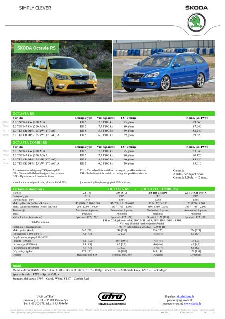 OCTAVIA RS OCTAVIA COMBI RS Techniniai duomenys OCTAVIA ...