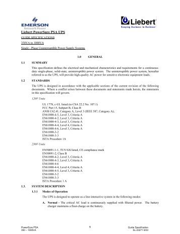 Liebert PSA; Guide Spec - Emerson Network Power