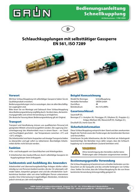 Bedienungsanleitung Schnellkupplung - Grün GmbH