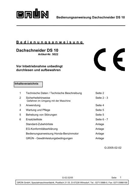 Bedienungsanweisung Dachschneider DS 10 - Grün GmbH