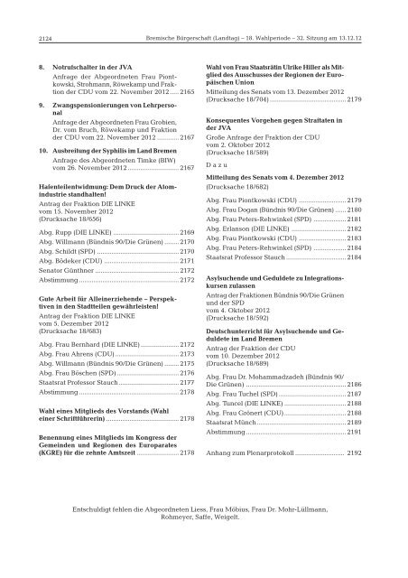 Das Protokoll der 32. Landtagssitzung am 13. Dezember 2012