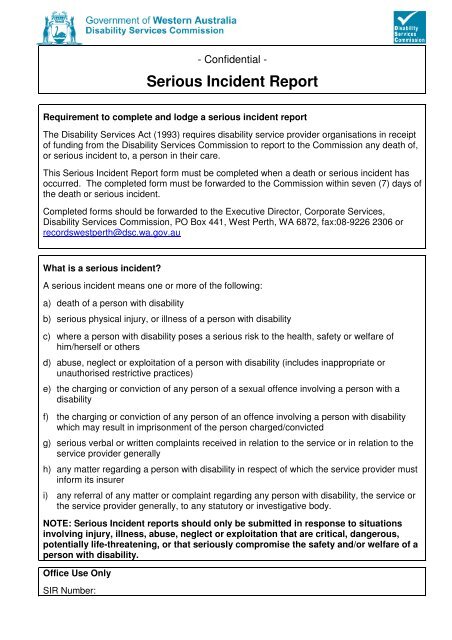 Serious incident report form - Disability Services Commission