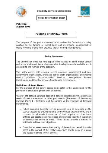 Funding of Capital Items - Disability Services Commission