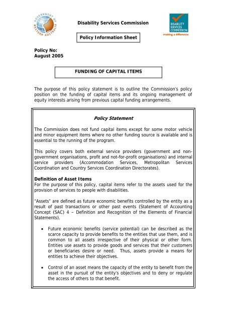Funding of Capital Items - Disability Services Commission