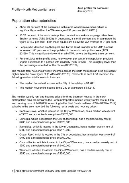 North metropolitan area profile consultation document - accessible