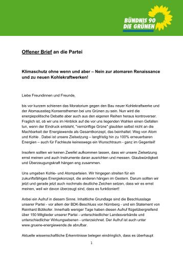 Offener Brief an die Partei - Grüne Linke