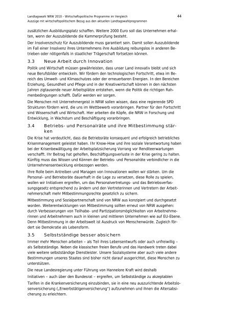 Landtagswahl NRW 2010 Wirtschaftspolitische Programme im ...