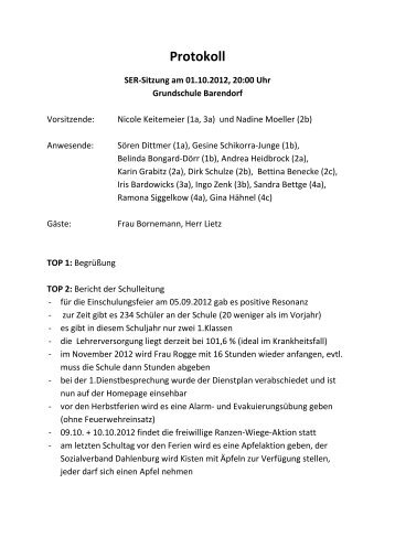 Protokoll vom 1.10.2012 - Die Grundschule Barendorf