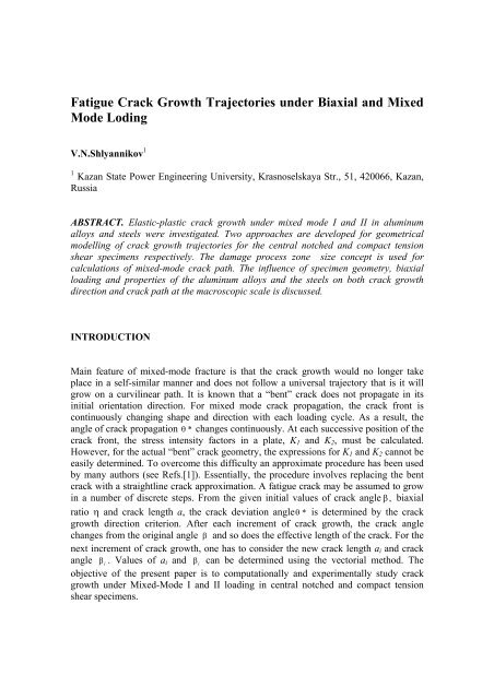 Fatigue Crack Growth Trajectories under Biaxial and Mixed Mode ...