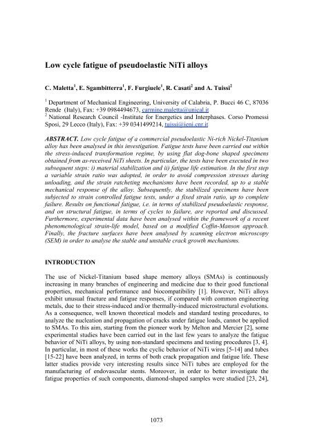 Low cycle fatigue of pseudoelastic NiTi alloys - Gruppo Italiano ...