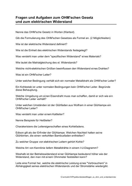 Fragen und Aufgaben zum OHM'schen Gesetz und ... - grzesina.de
