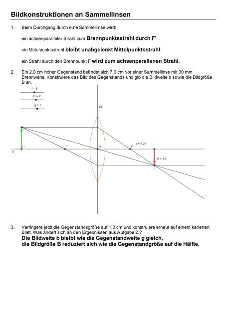 Bilder An Sammellinsen Arbeitsblatt Lösungen Bildkonstruktionen an Sammellinsen - grzesina.de