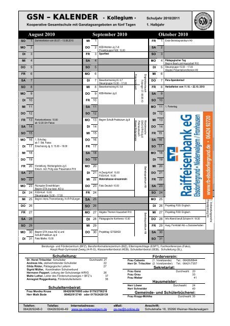 GSN – KALENDER - Kollegium - - Gesamtschule Niederwalgern