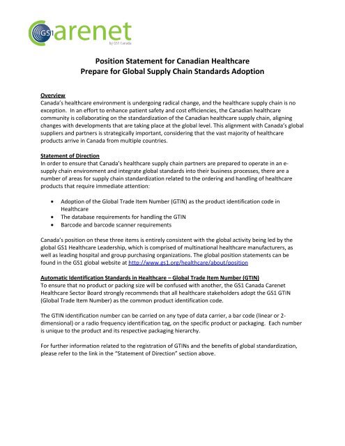Position Statement for Canadian Healthcare Prepare for Global - GS1