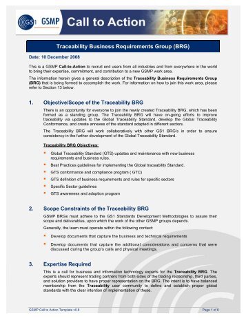 Traceability Business Requirements Group (BRG) (Dec 2008) - GS1