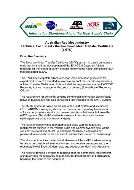 the electronic Meat Transfer Certificate (eMTC) - GS1 Australia