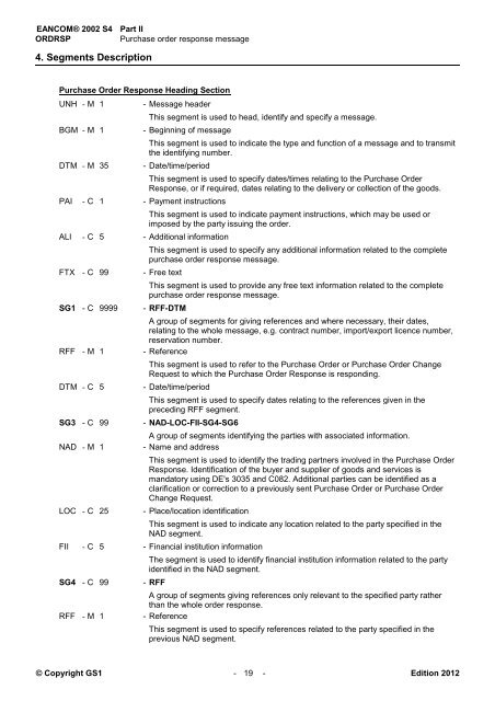 EANCOM 2002 S4 ORDRSP Purchase order response ... - GS1