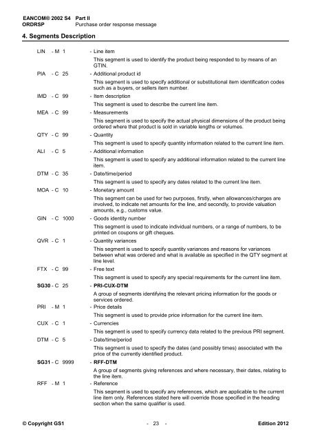 EANCOM 2002 S4 ORDRSP Purchase order response ... - GS1