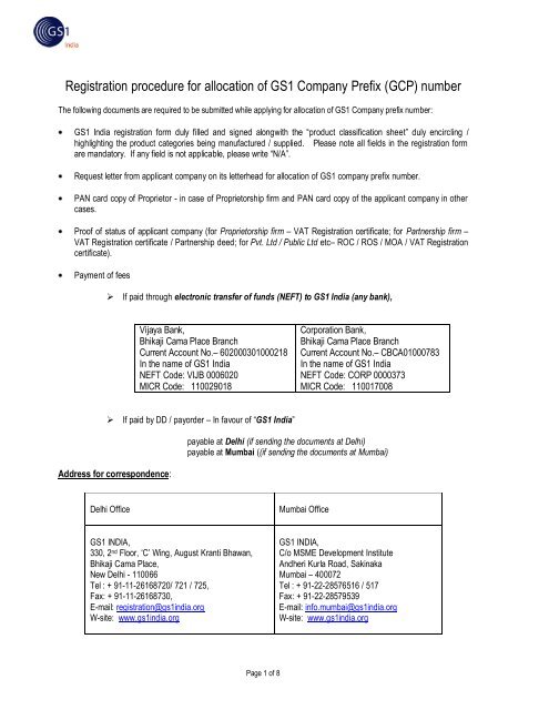 Registration Procedure for obtaining GS1 Company Prefix - GS1 India