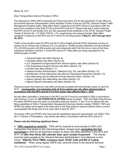 2011 2012 General Rfo Cover Letter Page 1 1 Tsps Gsa