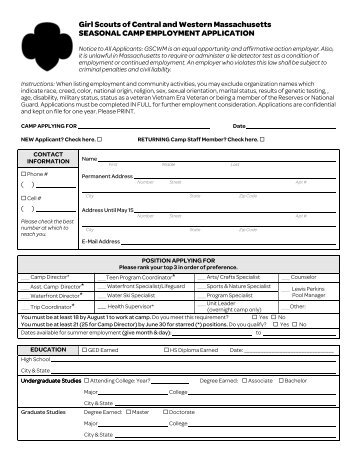 Camp Employment Application - Girl Scouts of Central and Western ...